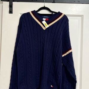 Tommy Hilfiger Blue and White V-Neck Sweater with Sporty Striped Accents